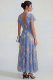 Vestido Midi azul profundo de escote profundo en V rosa con chiffon floral A Line con moño