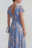Vestido Midi azul profundo de escote profundo en V rosa con chiffon floral A Line con moño