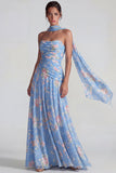 Vestido formal de galita azul de gasa floral sin tirantes con tirantes y lazos