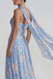 Vestido formal de galita azul de gasa floral sin tirantes con tirantes y lazos