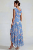 Vestido Midi de la línea A con volantes y gasa azul rosa