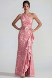Jacquard rubor Vestido formal largo con volantes de un hombro