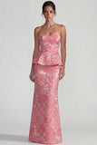 Blush Jacquard Tirante sin tirantes con volantes y vestido formal largo