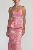 Blush Jacquard Tirante sin tirantes con volantes y vestido formal largo