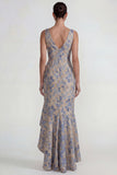 Vestido formal largo de sirena con escote en V y volantes gris, azul, jacquard y abertura