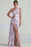 Jacquard lila fruncido, un hombro, vestido formal largo con abertura