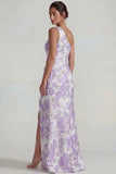 Jacquard lila fruncido, un hombro, vestido formal largo con abertura