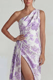 Jacquard lila fruncido, un hombro, vestido formal largo con abertura