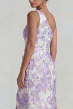 Jacquard lila fruncido, un hombro, vestido formal largo con abertura