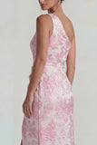 Jacquard lila fruncido, un hombro, vestido formal largo con abertura