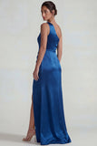 Vestido formal largo de satén de un solo hombro con funda azul oscuro