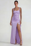 Vestido formal largo con escote cuadrado de satén fruncido lila