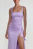 Vestido formal largo con escote cuadrado de satén fruncido lila