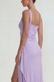 Vestido formal largo con escote cuadrado de satén fruncido lila