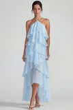 Vestido Midi azul de gasa con volantes con capas en A Line