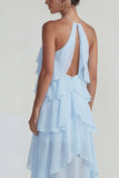 Vestido Midi azul de gasa con volantes con capas en A Line