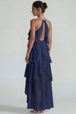 Vestido Midi azul de gasa con volantes con capas en A Line