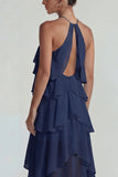 Vestido Midi azul de gasa con volantes con capas en A Line