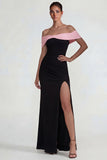 Vestido formal largo y con abertura en negro rosa rosa
