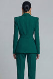 Trajes de trabajo de dos piezas con solapa de dos piezas en solapa de pico verde oscuro para mujer con cinturón