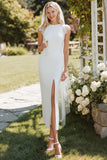 Vestido de novia largo de manga de encaje blanco con abertura