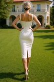 Vestido de novia Midi blanco de cuello cuadrado con funda de satén y botones