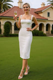 Vestido de novia Midi blanco de cuello cuadrado con funda de satén y botones