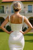 Vestido de novia Midi blanco de cuello cuadrado con funda de satén y botones