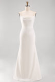 Vestido largo de novia de sirena de satén de tirantes blancos