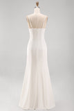 Vestido largo de novia de sirena de satén de tirantes blancos