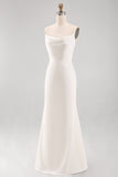 Vestido largo de novia de sirena de satén de tirantes blancos