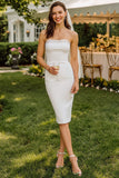 Vestido de novia Midi bodycon sin tirantes de encaje blanco con cremallera trasera