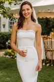 Vestido de novia Midi bodycon sin tirantes de encaje blanco con cremallera trasera