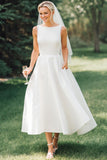 Vestido de novia blanco de cuello barco Midi Satin A Line