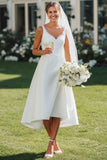 Vestido de novia de satén Midi de encaje blanco con escote en V