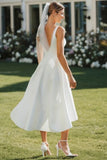 Vestido de novia de satén Midi de encaje blanco con escote en V