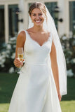 Vestido de novia de satén Midi de encaje blanco con escote en V