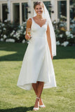 Vestido de novia de satén Midi de encaje blanco con escote en V