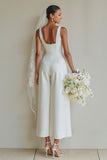 Trajes de boda de cuello de barco blancos con cuello de barco de línea larga