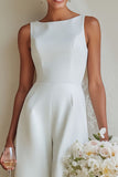 Trajes de boda de cuello de barco blancos con cuello de barco de línea larga