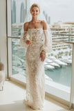 Vestido de novia largo de hombro frío con mangas de encaje y albaricoque