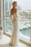 Vestido de novia largo de hombro frío con mangas de encaje y albaricoque
