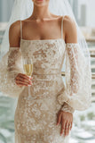 Vestido de novia largo de hombro frío con mangas de encaje y albaricoque