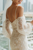 Vestido de novia largo de hombro frío con mangas de encaje y albaricoque