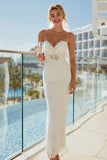 Vestido largo de novia de tirantes finos de marfil de encaje