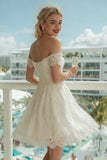 Vestido de novia midi de marfil con encaje al hombro descubierto