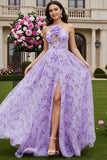 Vestido largo de graduación con corte de flor en forma de A lila con corte en forma de A, con abertura