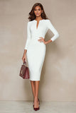 Bodycon Ivory Bodycon Midi Midi de Cuello Redondo con mangas 3/4