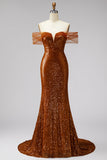 Vestido de graduación de sirena de hombros descubiertos, lentejuelas, escote en V con cola de fin de curso