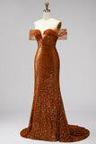 Vestido de graduación de sirena de hombros descubiertos, lentejuelas, escote en V con cola de fin de curso
